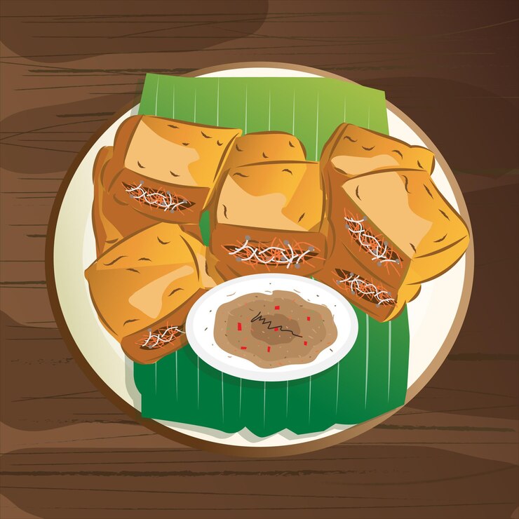 Vector indonesian deep fried stuffed tofu with peanut sauce or tahu isi
