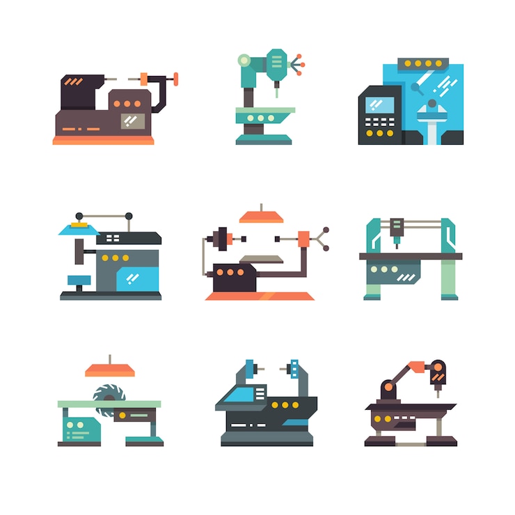 Vector industrial cnc machine tools and automated machines flat icons