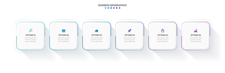 Infografis garis waktu dengan infochart. Templat presentasi modern dengan 6 spets untuk proses bisnis