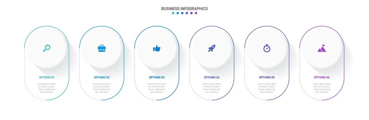 Infografis garis waktu dengan infochart. Templat presentasi modern dengan 6 spets untuk proses bisnis