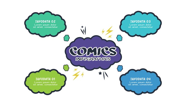 Vector infografis komik dengan 4 pilihan langkah, bagian, atau proses. visualisasi data bisnis. templat infografis kreatif