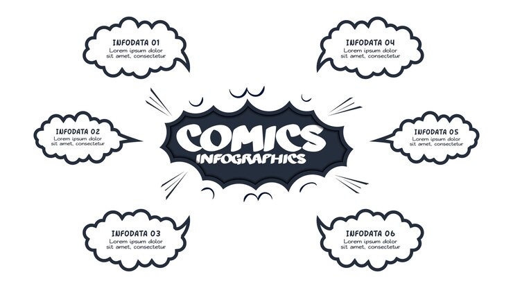 Vector infografis komik dengan 6 langkah pilihan bagian atau proses visualisasi data bisnis