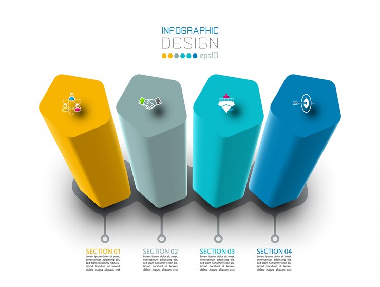 Infographic label design with pentagon columns design.