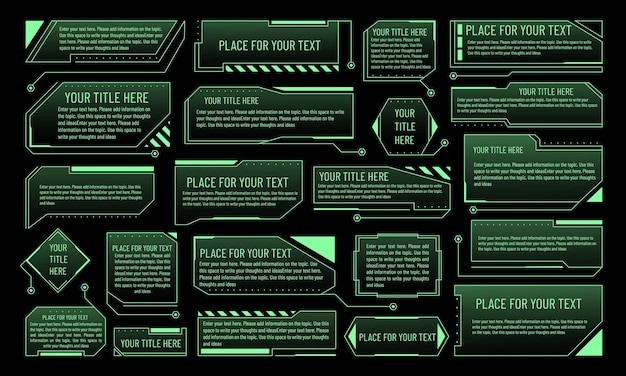 Infographic tech Callout frame Title box Game HUD interface Futuristic shapes Business design technology Digital UI menu Future presentation Vector dashboard hologram buttons set