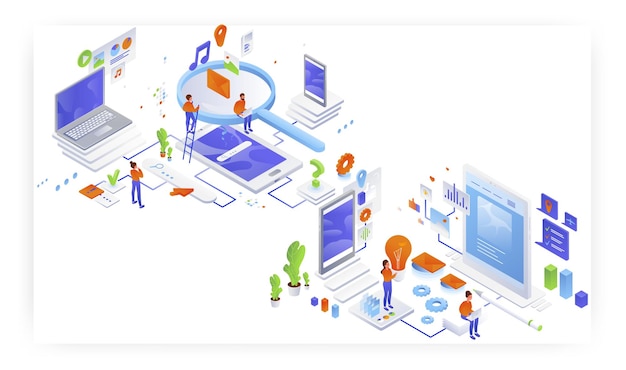 information searching and website page content creation flat vector isometric illustration