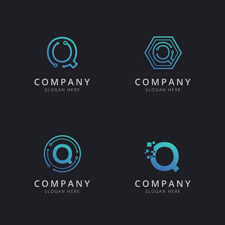Initial Q logo with technology elements in blue color