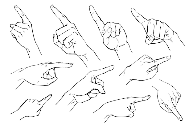 ink line drawings of pointing hands in various directions minimal gesture illustrations