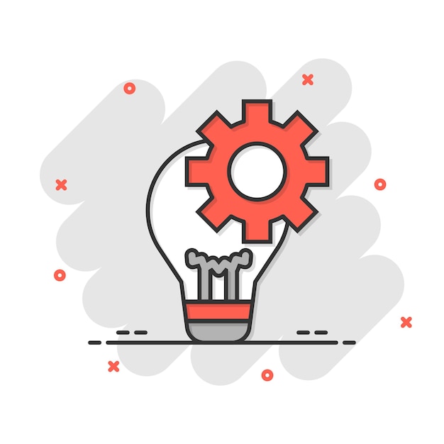 Innovation icon in comic style Lightbulb with cogwheel cartoon vector illustration on white isolated background Idea splash effect business concept