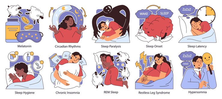 Vector insomnia set diverse characters suffering from sleep deprivation sleep and mental disorder sleep