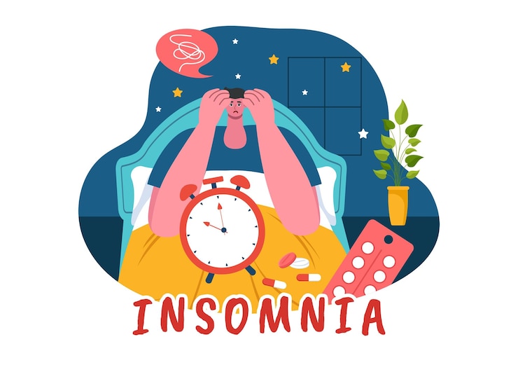 Vector insomnia vector illustration featuring young people unable to sleep lying awake and thinking with eyes open at night in a bedroom in flat cartoon