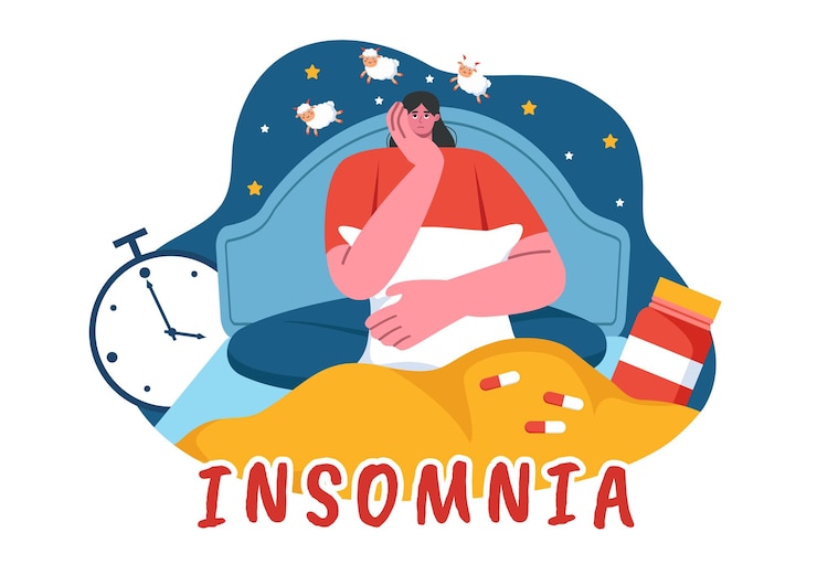 Vector insomnia vector illustration featuring young people unable to sleep lying awake and thinking with eyes open at night in a bedroom in flat cartoon