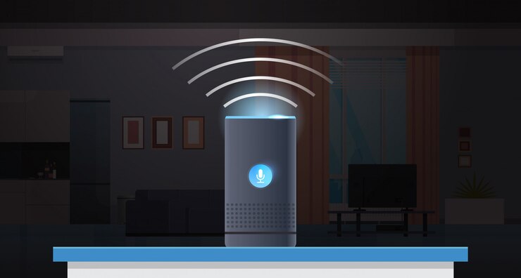 Vector intelligent smart speaker voice recognition activated digital assistants automated command report concept modern apartment kitchen living room interior flat horizontal