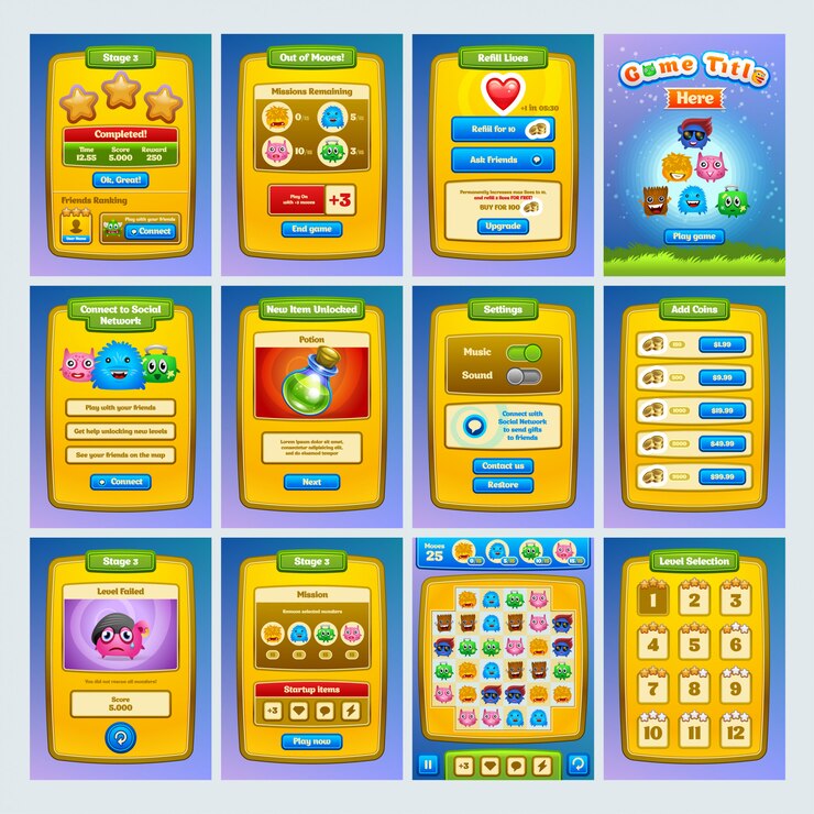 Vector interface game . all screens you need for your game.   .