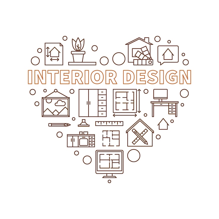Interior Design vector heart shaped outline illustration