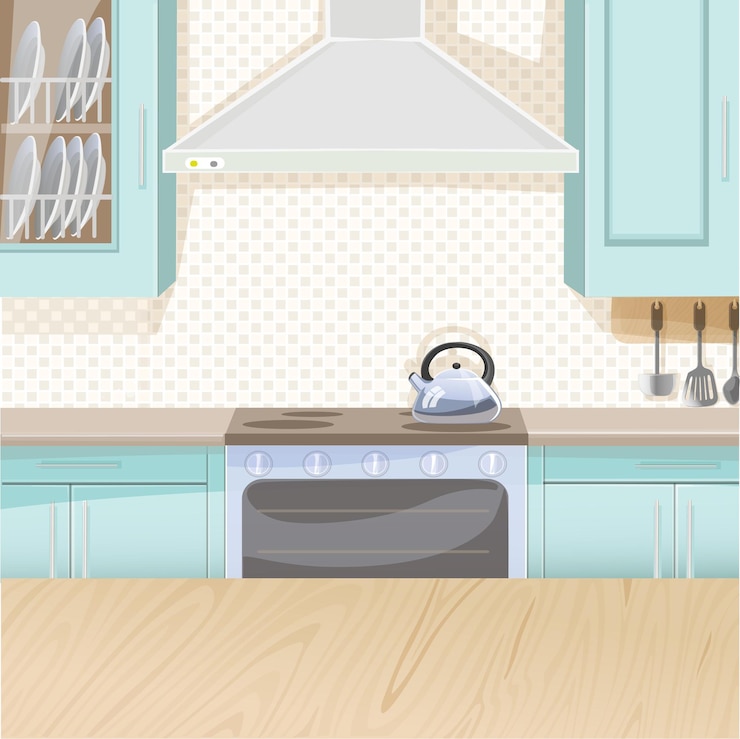 Vector interior of kitchen in blue color