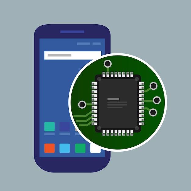 Internal phone device circuit board a microprocessor a variety of chips and other electronic components illustrate repair of mobile devices