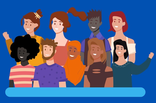 international friendship flat vector illustration. young diverse people group standing together cart