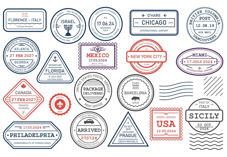 Vector international travel visa stamps arrival and departure passport rubber stamp journey prints vector