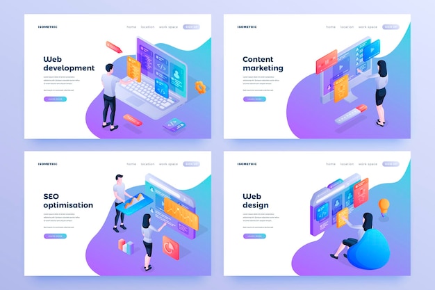 Internet business promotion isometric landing page templates set Web development content marketing SEO optimization web design Company staff working on computers cartoon characters