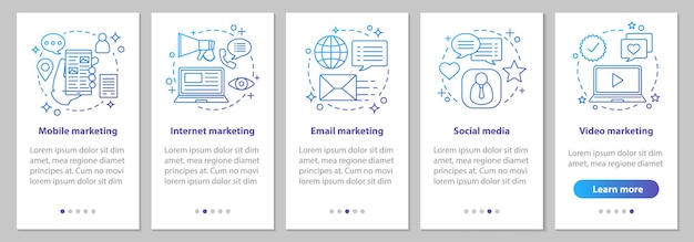 Internet marketing onboarding mobile app page screen with linear concepts. Social media, mobile, video, email, video marketing steps graphic instruction. UX, UI, GUI vector template with illustrations