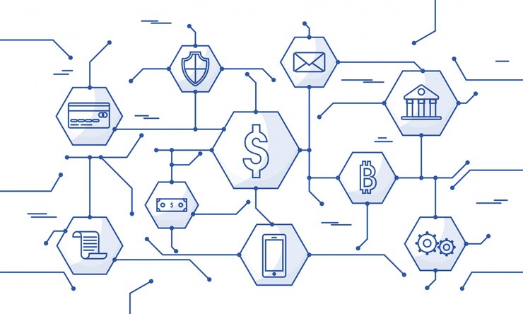 Vector internet money, secure payment transaction, payment mechanism. fintech (financial technology) background. blue flat style illustration.