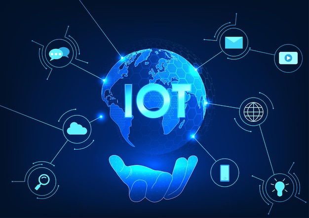 Internet of Things technology The hand holding a globe inside has the letters IOT with a circuit