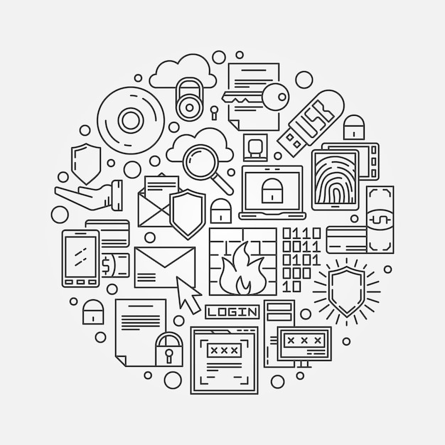 internet or computer security vector concept round illustration in thin line style