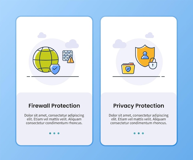 Internet security firewall protection and privacy protection onboarding template for mobile ui app design vector illustration