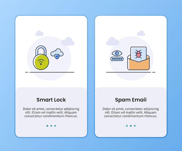 Internet security smart lock and spam email onboarding template for mobile ui app design