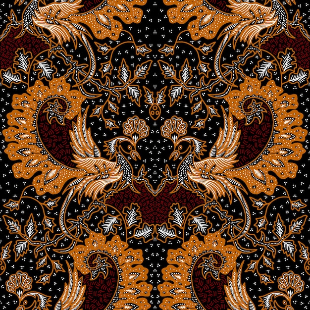 Intricate Batik Fabric Design with Phoenix Motif
