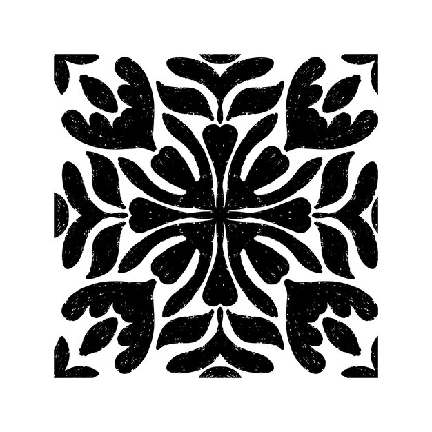 intricate black pattern with symmetrical ornamental pattern in linocut style grunge texture tile shape vector element