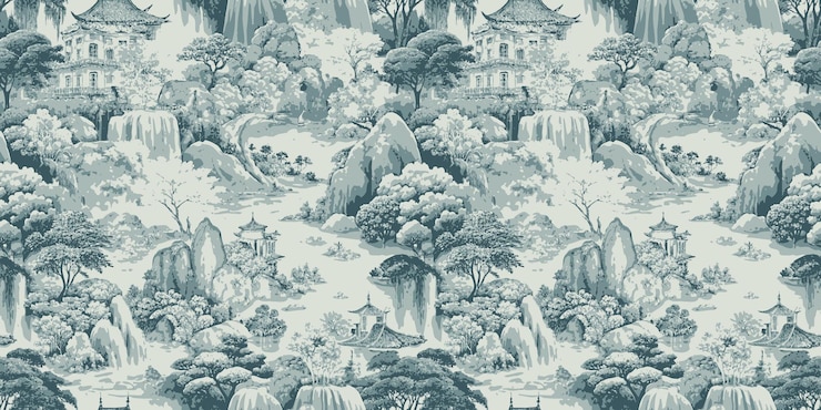 Intricate monochrome landscape design featuring mountains waterfalls and pagodas