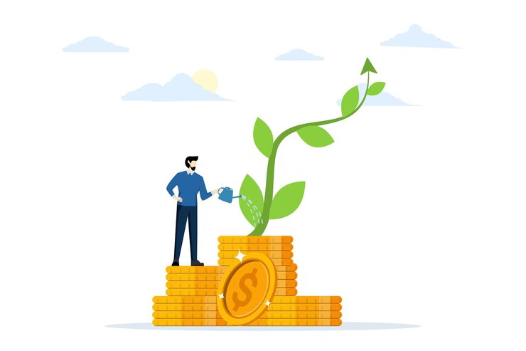 Vector investment growth vector illustration with a businessman watering a plant shaped like a growth chart