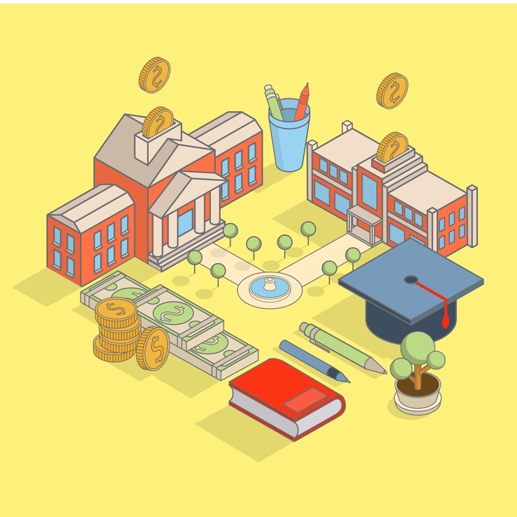 Vector investment in education concept vector flat isometric illustration with school building,