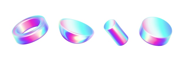 Iridescent geometric shapes realistic illustration set