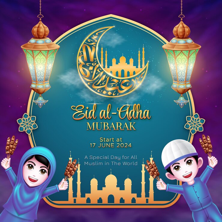 Vector islamic eid al adha calligraphy with childrens illustrations