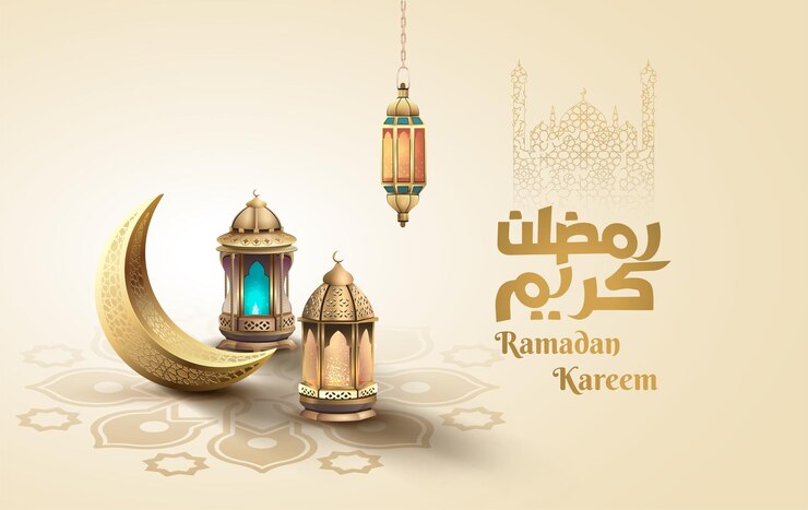 Vector islamic greetings ramadan kareem card template with islamic decoration lanterns and crescent moon
