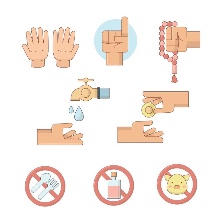 Vector islamic icons with hands and prohibition icons.