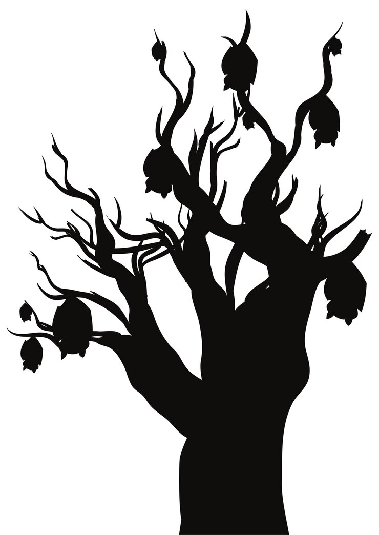 Vector isolated dark silhouette of withered tree with bats hanging in it over white background