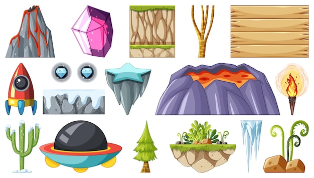 Isolated fantasy space game objects and elements set