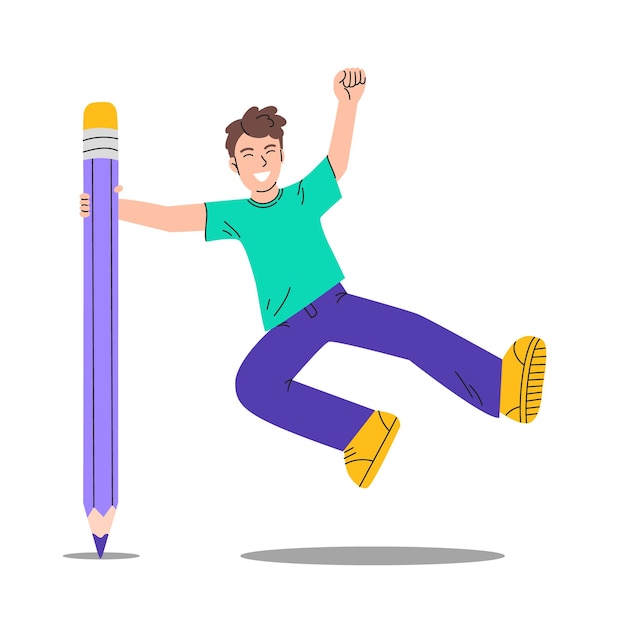 Isolated flat smiling student holds a big pencil and jumping for concept of education