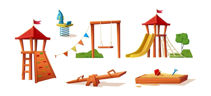 Vector isolated on white background. collection of kids playground elements, slide, swing, castle, sand pit
