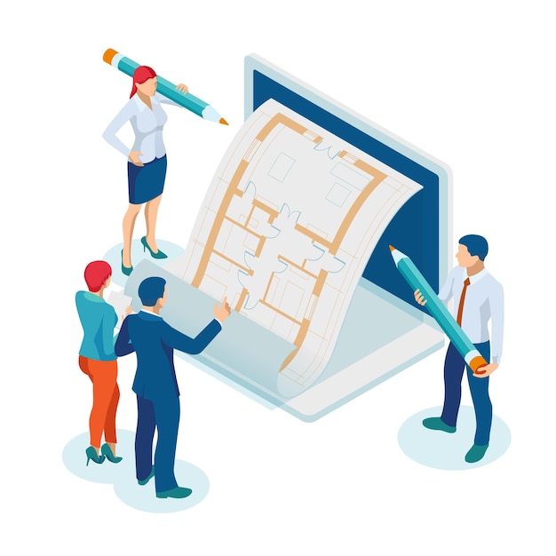 Isometri architect drawing on architectural project concept Architects workplace architectural project blueprints ruler laptop and divider compass