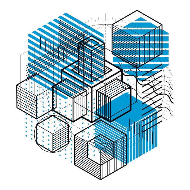 isometric abstract background with linear dimensional shapes, vector 3d mesh elements. composition of cubes, hexagons, squares, rectangles and different abstract elements.