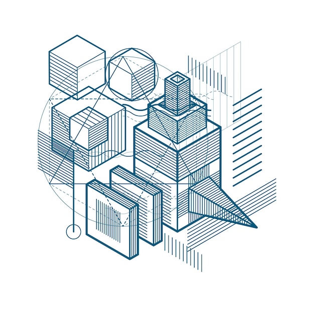 isometric abstract background with linear dimensional shapes, vector 3d mesh elements. composition of cubes, hexagons, squares, rectangles and different abstract elements.