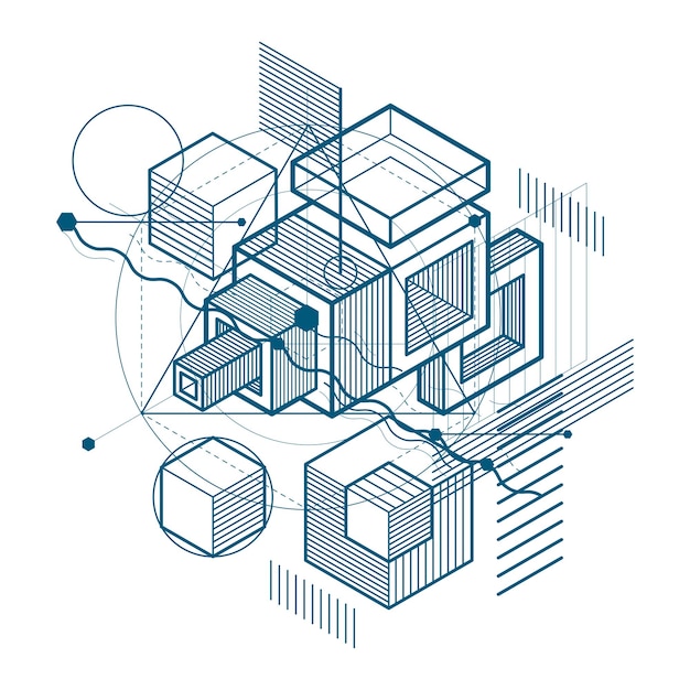 Isometric abstract background with lines and other different elements, vector abstract template. Composition of cubes, hexagons, squares, rectangles and different abstract elements.