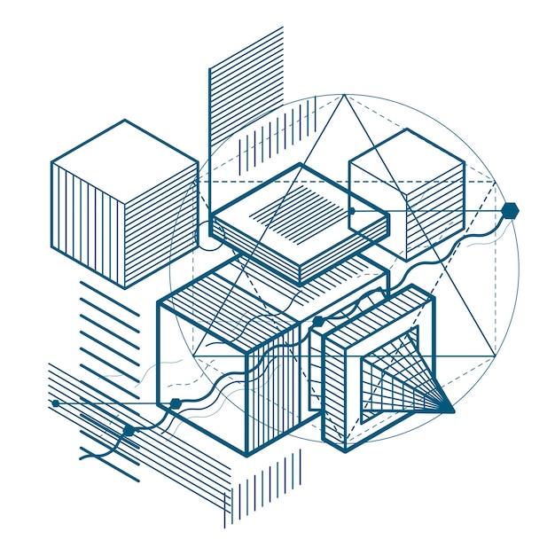 Isometric abstraction with lines and different elements, vector abstract background. Composition of cubes, hexagons, squares, rectangles and different abstract elements.