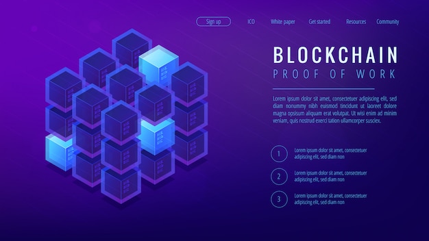 Isometric blockchain proof of work landing page concept.