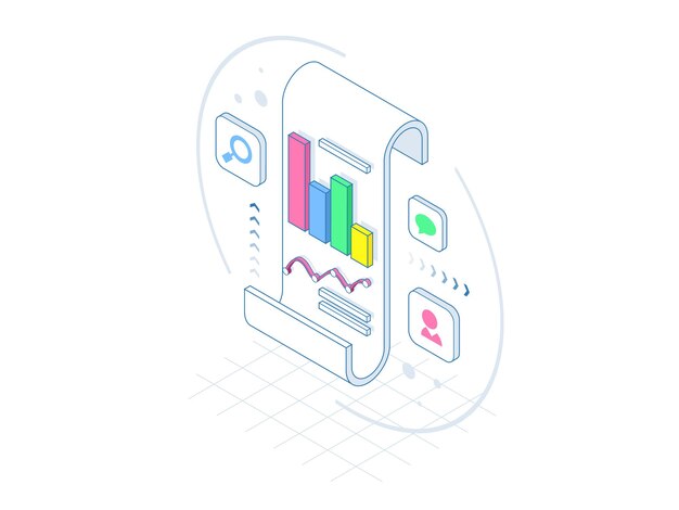 Isometric business analysis and planning, consulting, project management, financial report and strategy concept, line vector illustration.