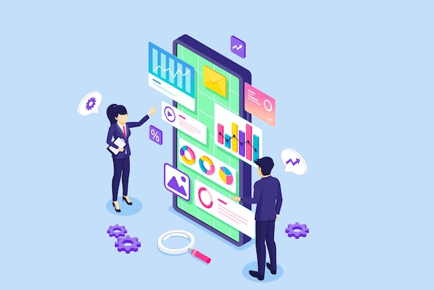 isometric Business data analysis with people are monitoring charts diagrams on a big mobile phone